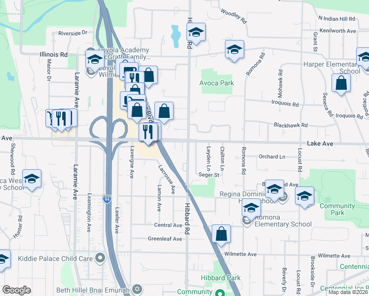 map of restaurants, bars, coffee shops, grocery stores, and more near in Wilmette