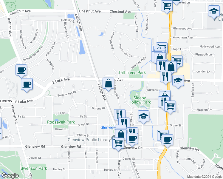 map of restaurants, bars, coffee shops, grocery stores, and more near 1340 Greenwillow Lane in Glenview