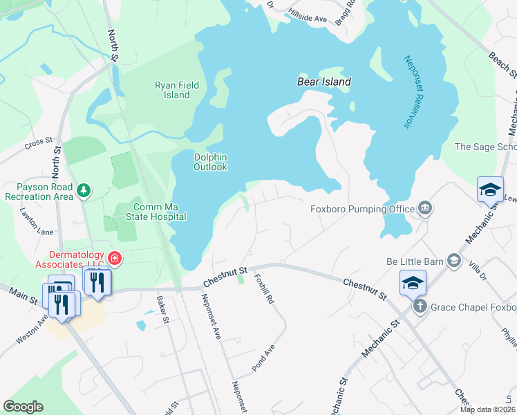 map of restaurants, bars, coffee shops, grocery stores, and more near 3 Idlewild Street in Foxborough