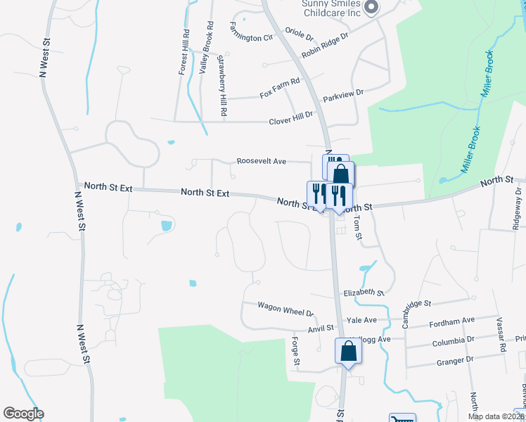 map of restaurants, bars, coffee shops, grocery stores, and more near 1019 North Street Extension in Agawam