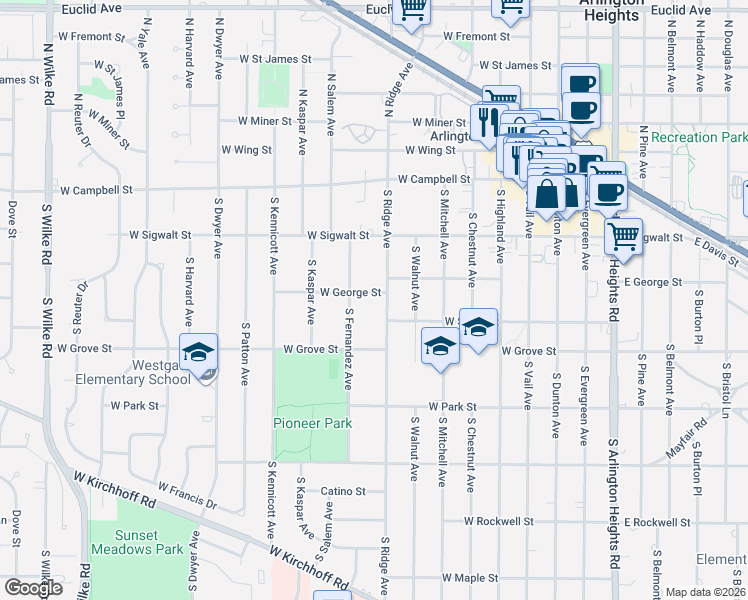 map of restaurants, bars, coffee shops, grocery stores, and more near 616 West George Street in Arlington Heights