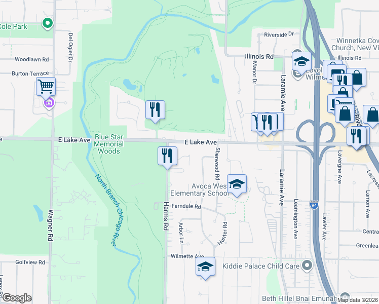 map of restaurants, bars, coffee shops, grocery stores, and more near 408 Brook Lane in Glenview