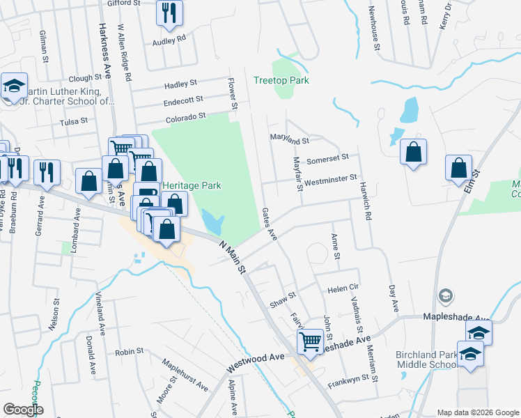 map of restaurants, bars, coffee shops, grocery stores, and more near 74 Gates Avenue in East Longmeadow
