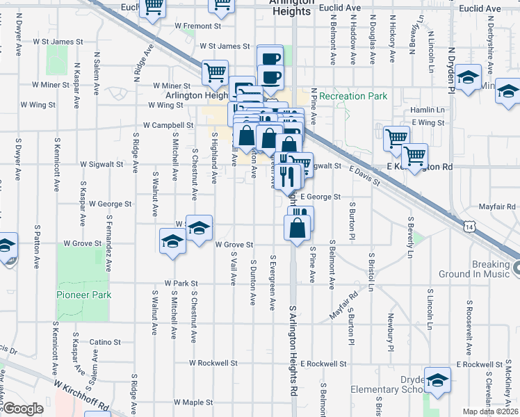 map of restaurants, bars, coffee shops, grocery stores, and more near 205 South Dunton Avenue in Arlington Heights