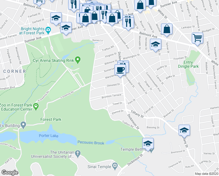 map of restaurants, bars, coffee shops, grocery stores, and more near 53 Olmsted Drive in Springfield