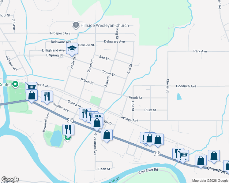 map of restaurants, bars, coffee shops, grocery stores, and more near 929 Brook Street in Olean