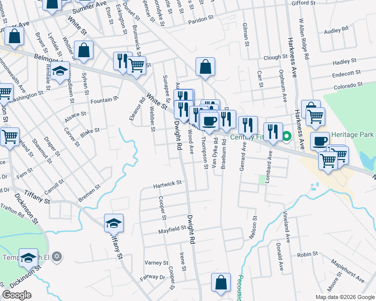 map of restaurants, bars, coffee shops, grocery stores, and more near 40 Wood Avenue in East Longmeadow