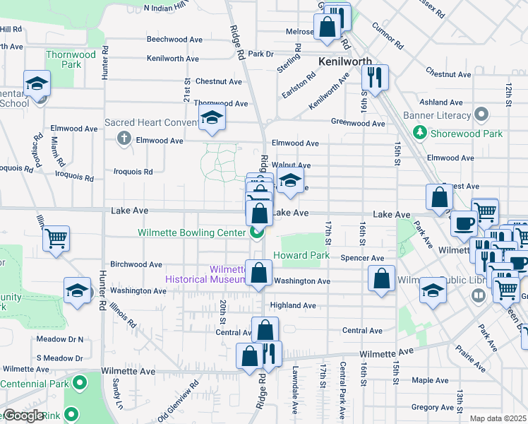 map of restaurants, bars, coffee shops, grocery stores, and more near Lake Avenue & Ridge Road in Wilmette