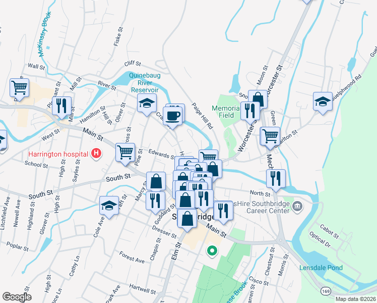 map of restaurants, bars, coffee shops, grocery stores, and more near 174 Hamilton Street in Southbridge
