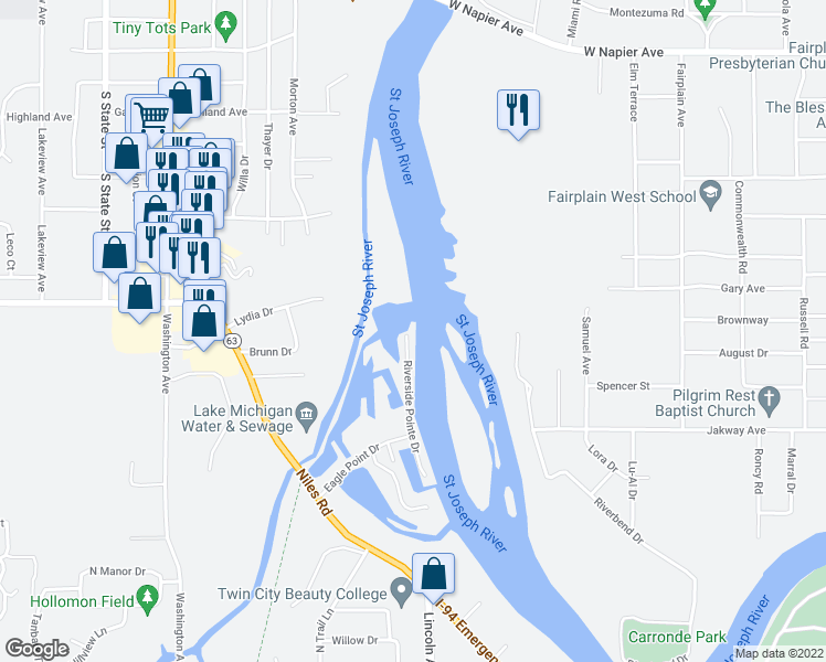 map of restaurants, bars, coffee shops, grocery stores, and more near 2135 Riverside Pointe Drive in St. Joseph