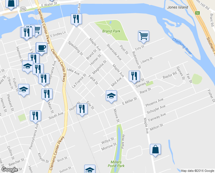 map of restaurants, bars, coffee shops, grocery stores, and more near 714 Spaulding Street in Elmira