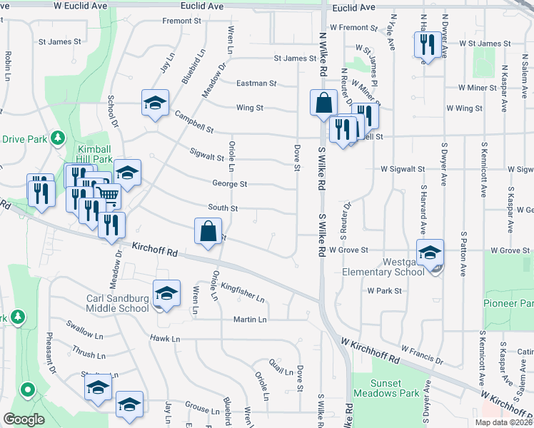 map of restaurants, bars, coffee shops, grocery stores, and more near 2202 South Street in Rolling Meadows