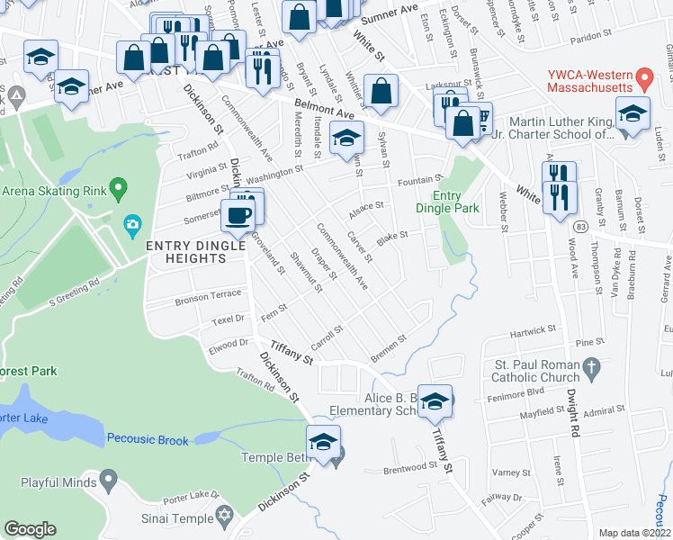map of restaurants, bars, coffee shops, grocery stores, and more near 151-153 Draper Street in Springfield