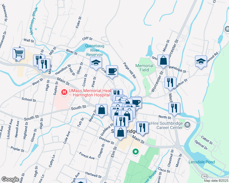 map of restaurants, bars, coffee shops, grocery stores, and more near 174 Hamilton Street in Southbridge