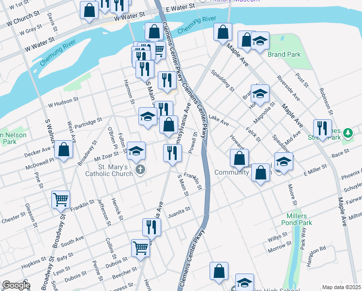 map of restaurants, bars, coffee shops, grocery stores, and more near 400 Pennsylvania Avenue in Elmira
