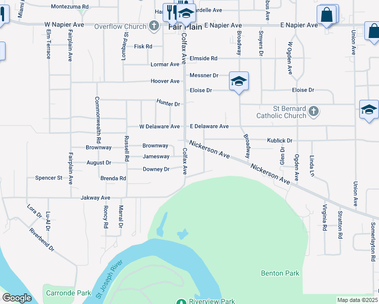 map of restaurants, bars, coffee shops, grocery stores, and more near 2125 Colfax Avenue in Benton Harbor