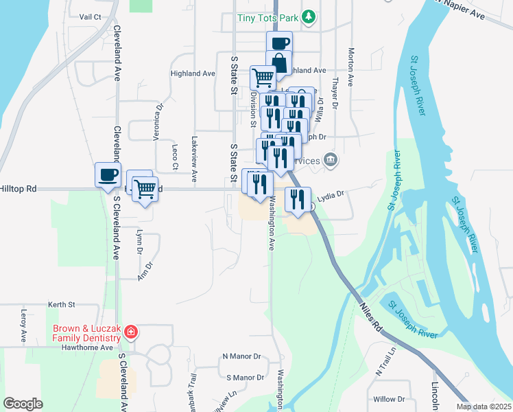 map of restaurants, bars, coffee shops, grocery stores, and more near 1332 Hilltop Road in Saint Joseph
