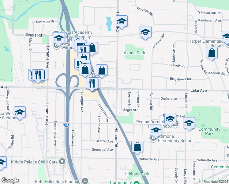 map of restaurants, bars, coffee shops, grocery stores, and more near in Wilmette