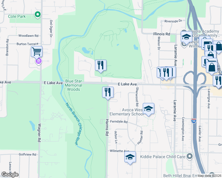 map of restaurants, bars, coffee shops, grocery stores, and more near 445 East Lake Avenue in Glenview