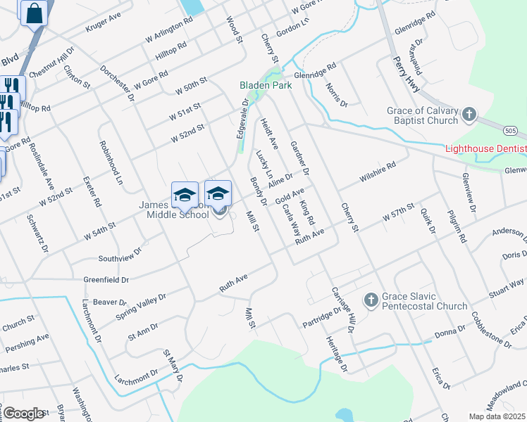 map of restaurants, bars, coffee shops, grocery stores, and more near 5532 Bondy Drive in Erie