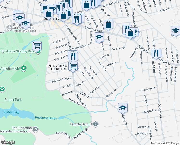 map of restaurants, bars, coffee shops, grocery stores, and more near 133 Draper Street in Springfield