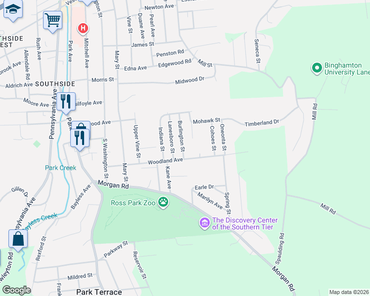 map of restaurants, bars, coffee shops, grocery stores, and more near 24 Burlington Street in Binghamton