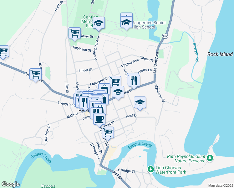 map of restaurants, bars, coffee shops, grocery stores, and more near 137 Washington Avenue in Saugerties