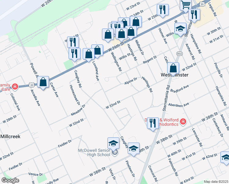 map of restaurants, bars, coffee shops, grocery stores, and more near 3461 Pond View Dr in Erie