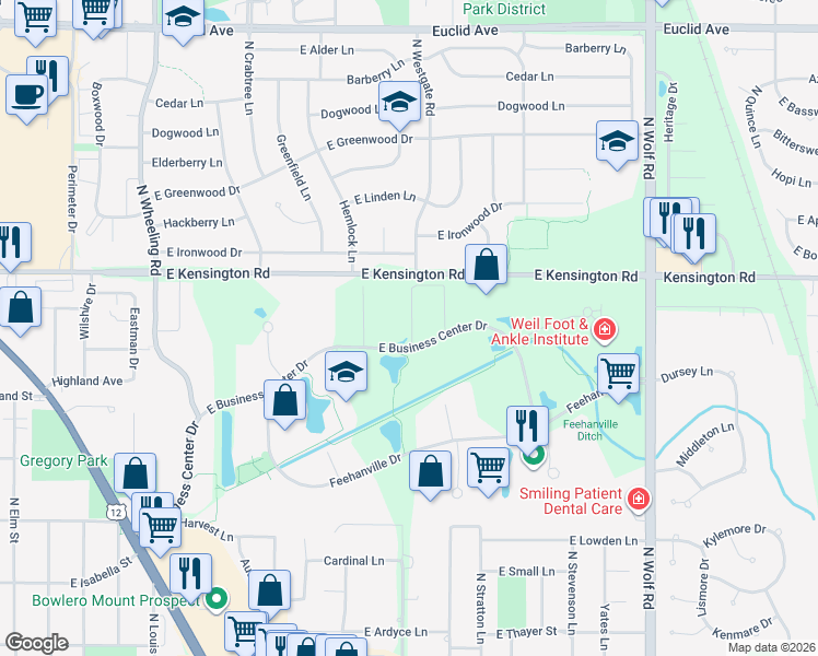 map of restaurants, bars, coffee shops, grocery stores, and more near 1200 East Business Center Drive in Mount Prospect