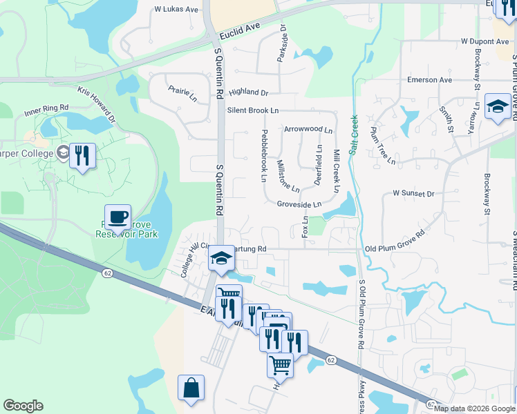map of restaurants, bars, coffee shops, grocery stores, and more near 5707 Buckingham Court in Rolling Meadows