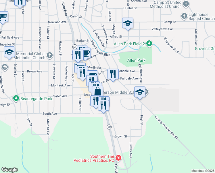 map of restaurants, bars, coffee shops, grocery stores, and more near 108 Elam Avenue in Jamestown