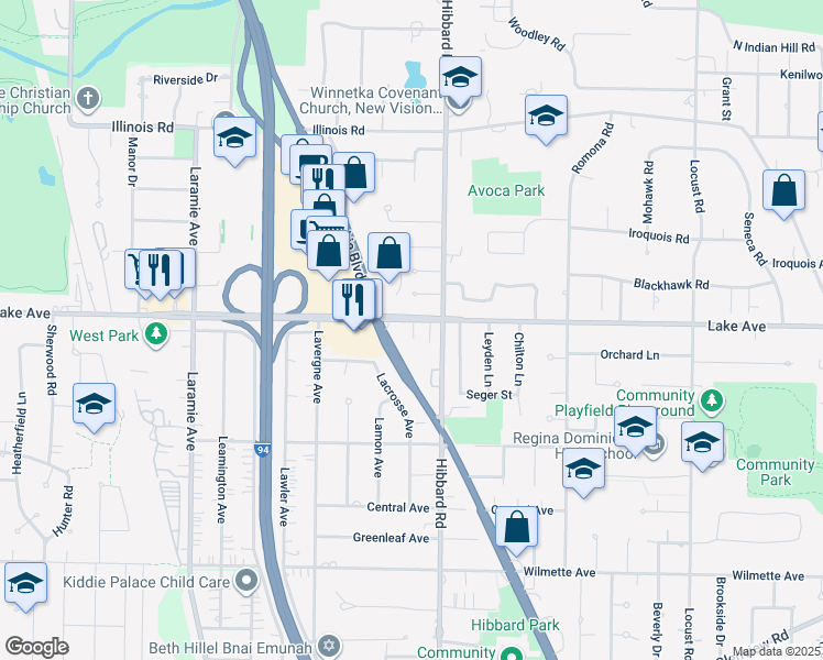 map of restaurants, bars, coffee shops, grocery stores, and more near 3123 Lake Avenue in Wilmette