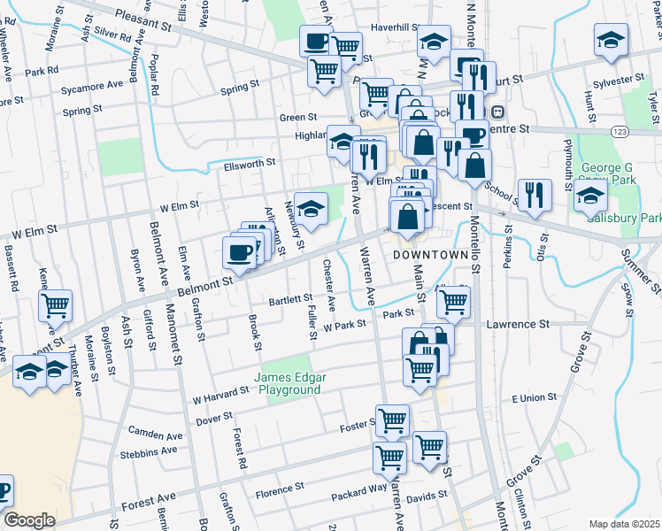 map of restaurants, bars, coffee shops, grocery stores, and more near 14 Chester Avenue in Brockton