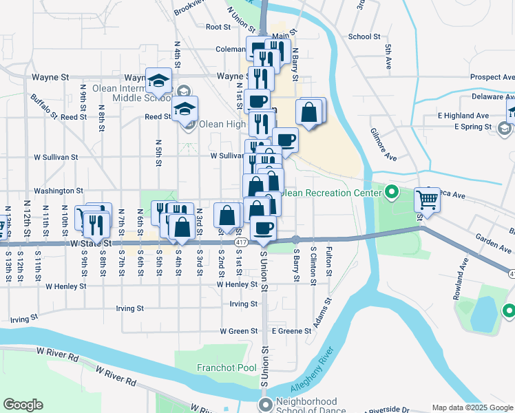map of restaurants, bars, coffee shops, grocery stores, and more near 208R North 1st Street in Olean