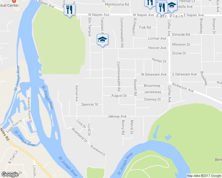 map of restaurants, bars, coffee shops, grocery stores, and more near 452 Brownway in Benton Harbor