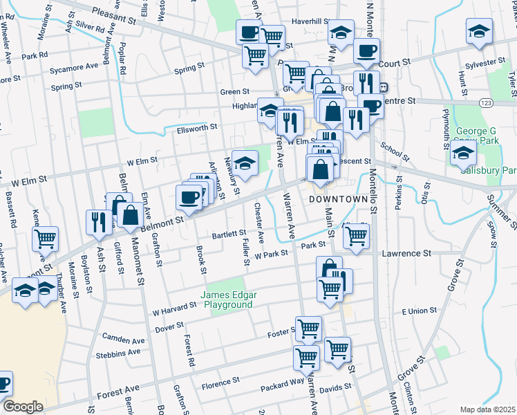 map of restaurants, bars, coffee shops, grocery stores, and more near 16 Chester Avenue in Brockton