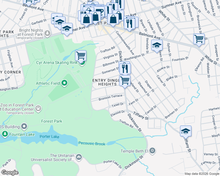 map of restaurants, bars, coffee shops, grocery stores, and more near 51 Olmsted Drive in Springfield