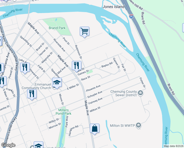 map of restaurants, bars, coffee shops, grocery stores, and more near 502 Gaines Street in Elmira