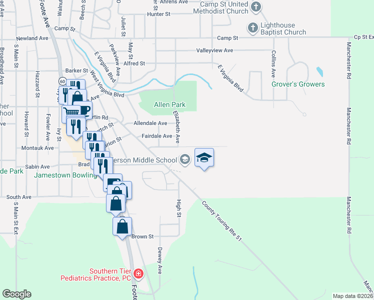 map of restaurants, bars, coffee shops, grocery stores, and more near 227 Springdale Avenue in Jamestown