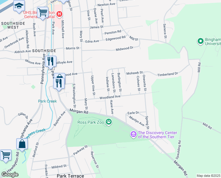 map of restaurants, bars, coffee shops, grocery stores, and more near 23 Indiana Street in Binghamton
