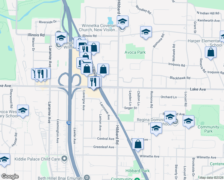 map of restaurants, bars, coffee shops, grocery stores, and more near 3115 Lake Avenue in Wilmette