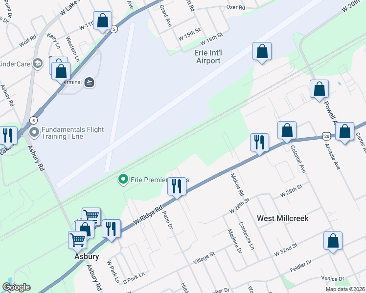 map of restaurants, bars, coffee shops, grocery stores, and more near 4030 West Ridge Road in Erie
