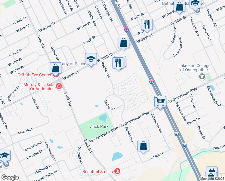 map of restaurants, bars, coffee shops, grocery stores, and more near 2401 Azalea Circle in Erie