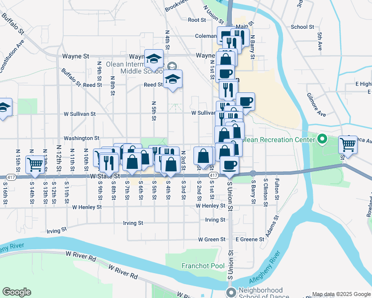 map of restaurants, bars, coffee shops, grocery stores, and more near 315 Laurens Street in Olean