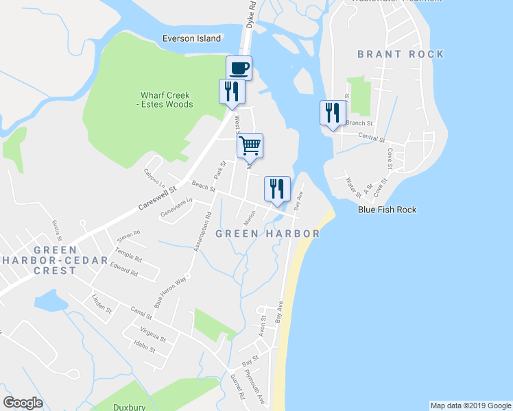 map of restaurants, bars, coffee shops, grocery stores, and more near 0 Marion in Marshfield