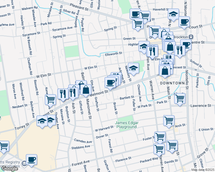 map of restaurants, bars, coffee shops, grocery stores, and more near 16 Kensington Place in Brockton
