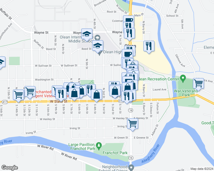 map of restaurants, bars, coffee shops, grocery stores, and more near 315 Laurens Street in Olean