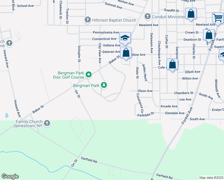 map of restaurants, bars, coffee shops, grocery stores, and more near 487 Baker Street in Jamestown