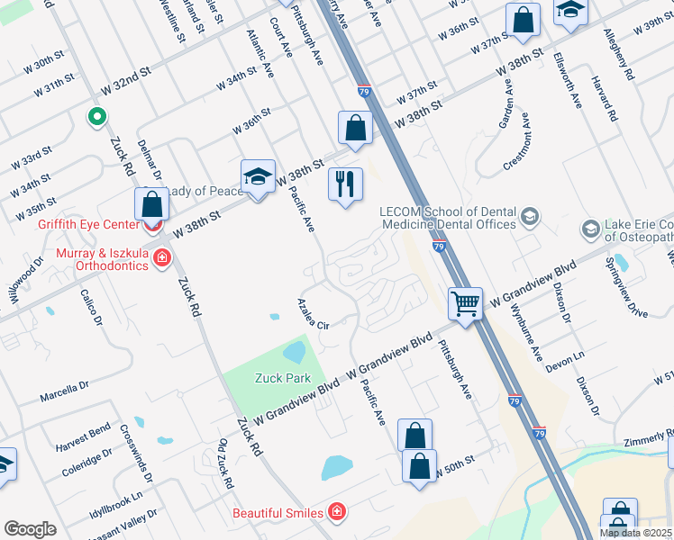 map of restaurants, bars, coffee shops, grocery stores, and more near 2401 Azalea Circle in Erie