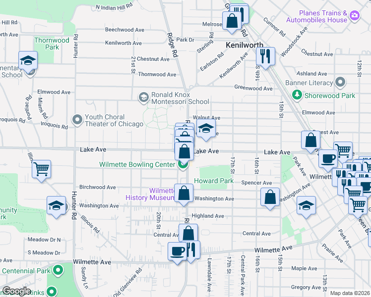 map of restaurants, bars, coffee shops, grocery stores, and more near 917 Ridge Road in Wilmette